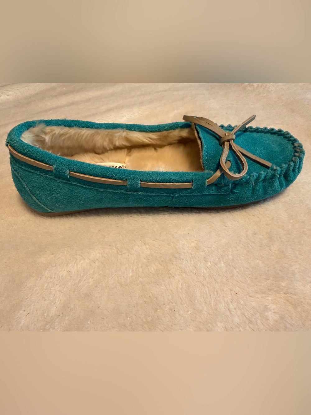 Minnetonka Teal Suede Shearling-Lined Moccasins - Picture 7 of 7